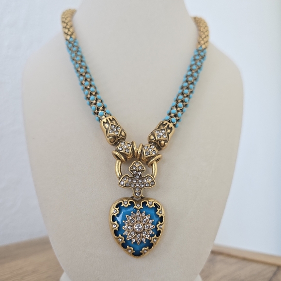 Vintage Gold & Turquoise Enamel Heart Pendant Necklace | Crystal Cross Medallion - Picture 6 of 9